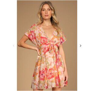 Free People Freddy Pink Floral Print Short Sleeve Tie Mini Dress S Babydoll Boho